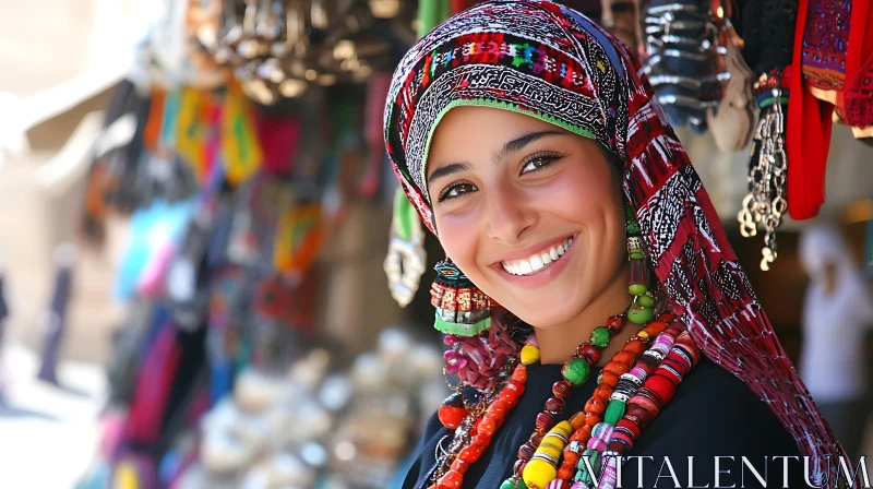 Portrait of Woman with Colorful Headscarf AI Image