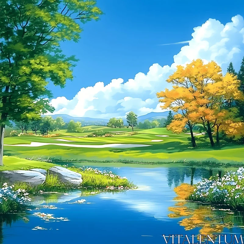 Peaceful Waterside Golf Course Scene AI Image