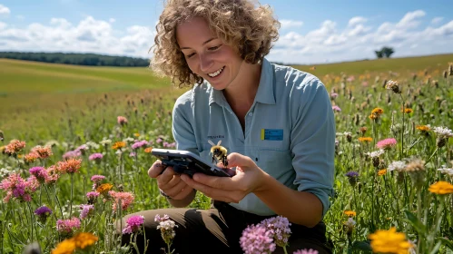 Bee on Phone in Meadow