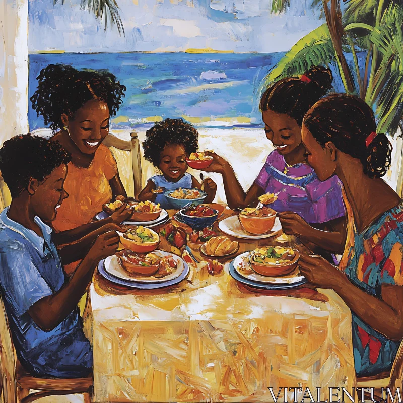 Family Dining by the Sea AI Image