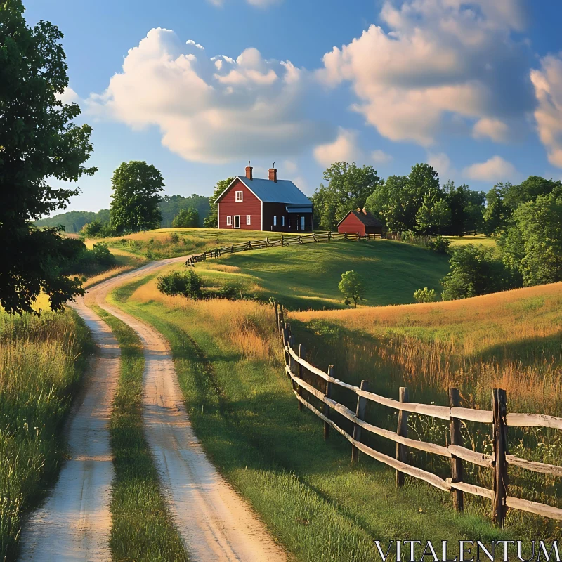 Rural Farmhouse Scene with Winding Road AI Image