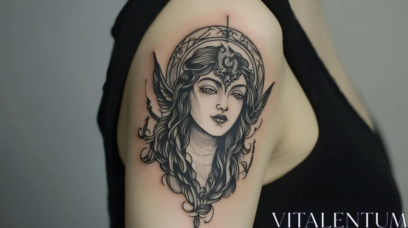 Elegant Woman Tattoo Design with Detailed Facial Features and Headpiece AI Image