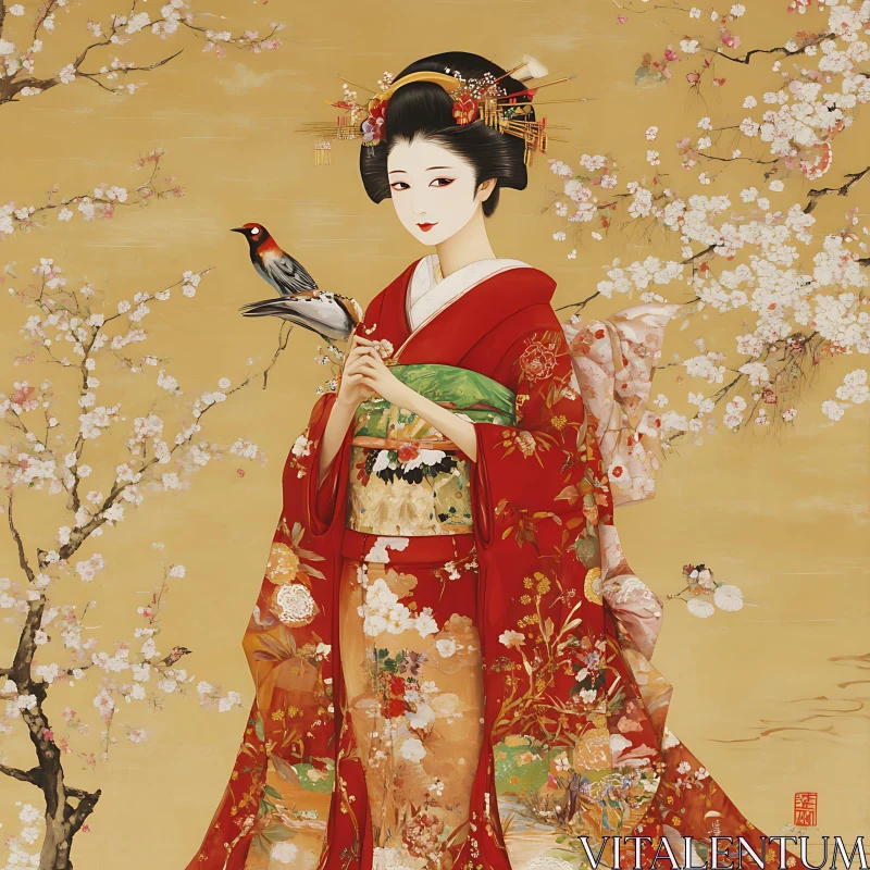 Japanese Geisha Portrait with Bird and Flowers AI Image