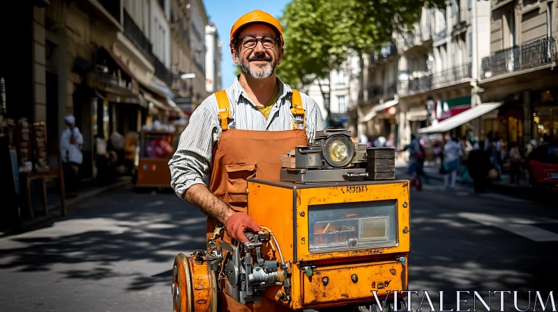 Man with Antique Camera in Urban Setting AI Image