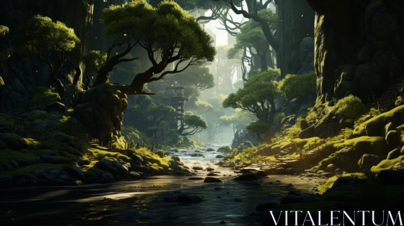 Captivating Fantasy Forest with Flowing Water and Trees AI Image