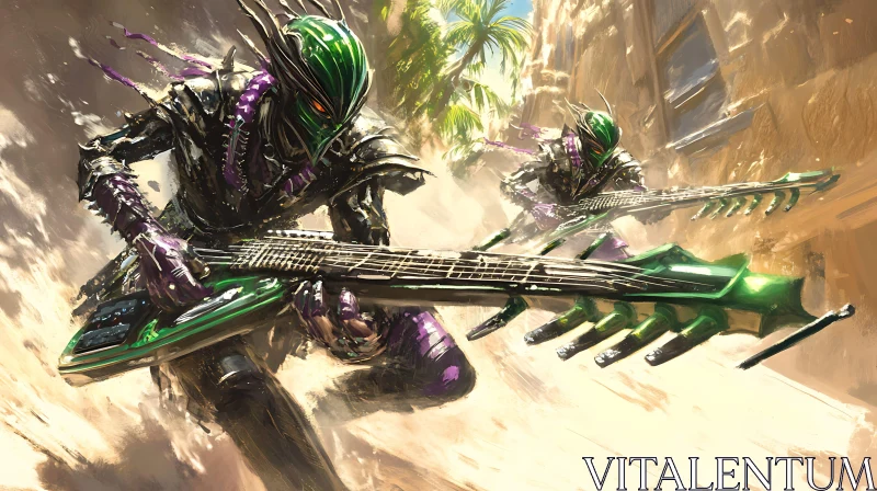 AI ART Green and Purple Cyborgs with Guitars