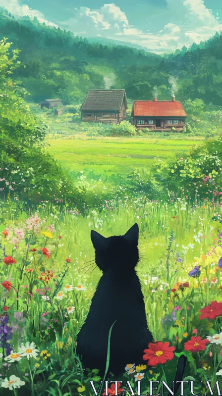 Peaceful Countryside Scene with Black Cat AI Image