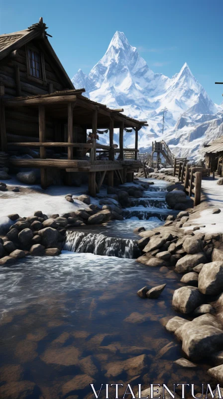 Mountain Village Cabin in Snow: Captivating Artwork AI Image