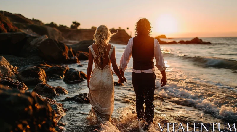 Romantic Wedding Photo | Bride and Groom Walking on Ocean Shore AI Image