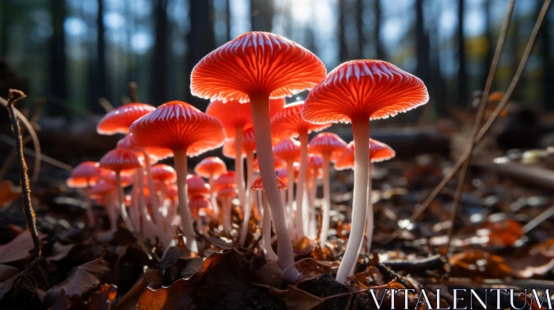 Sunlit Red Fungus in Spring Forest AI Image