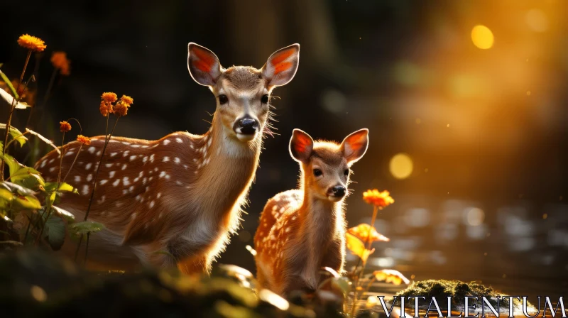 Sunset Silhouette of Fawns by the Pond Amidst Nature AI Image