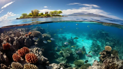 Underwater Ocean View Over Coral Reefs and Tropical Island