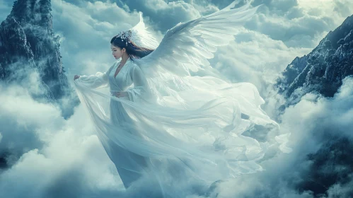 Winged Woman in Cloudy Landscape