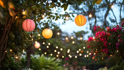 Glowing Lanterns in Garden Setting