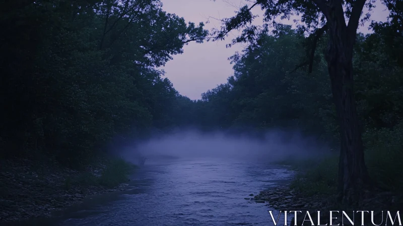 Misty River at Twilight in Untouched Wilderness AI Image