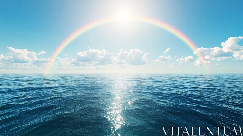 AI ART Tranquil Ocean Scene with Rainbow and Fluffy Clouds