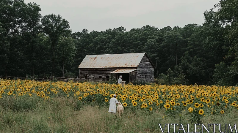 Rustic Barn Amidst Sunflowers AI Image