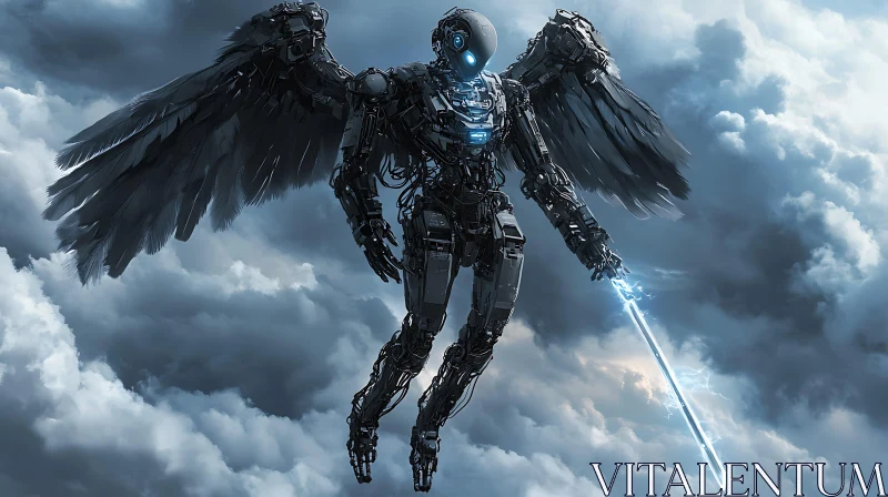 Mechanical Angelic Protector in a Cloudy Sky AI Image