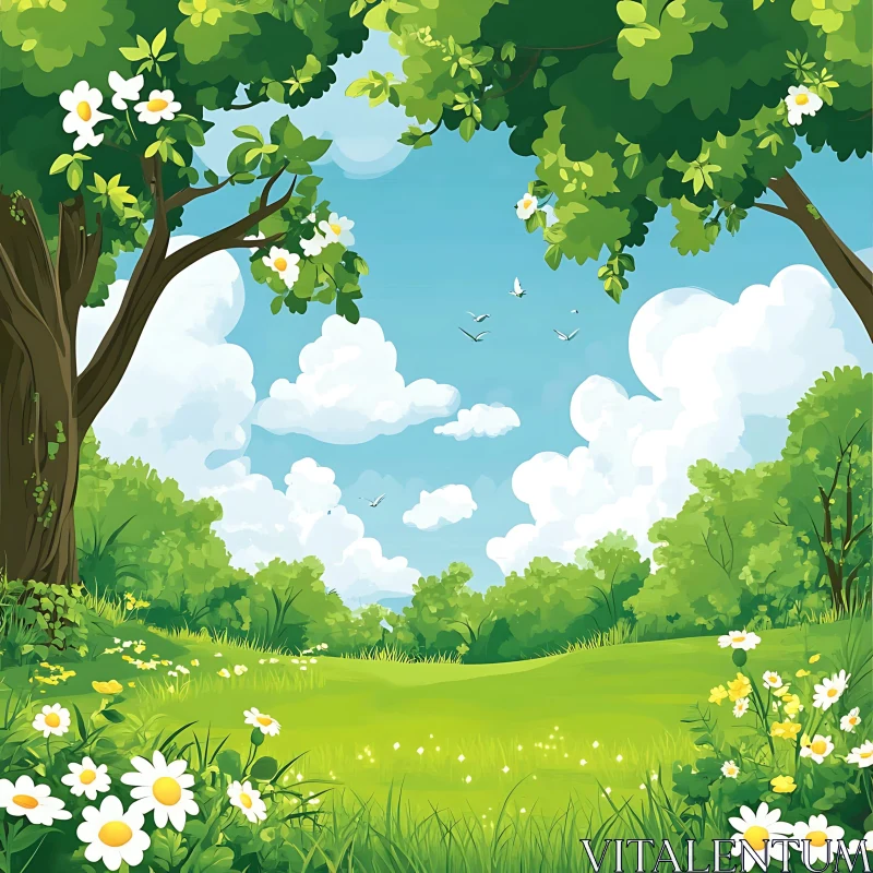 AI ART Peaceful Green Meadow with Blooming Flowers