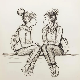 Monochrome Sketch of Two Girls