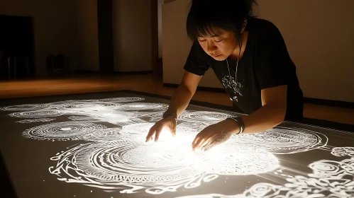 Woman Creating Light Mandala Pattern