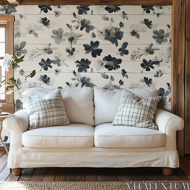 Comfortable Couch with Floral Wallpaper Design AI Image