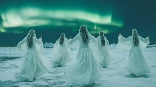 Women in White Gowns Dancing Under Aurora