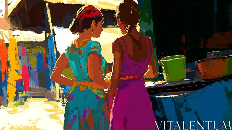 Colorful Market Conversation Painting AI Image