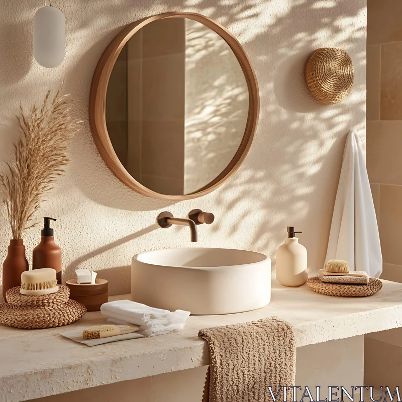 Neutral Tone Bathroom with Round Mirror AI Image