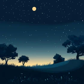 Starry Night Scene with Trees