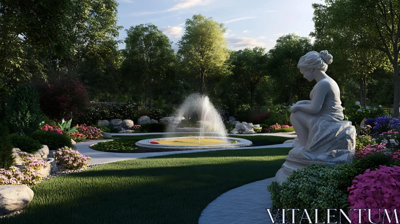 AI ART Tranquil Garden Scene With Classical Sculpture