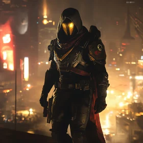 Futuristic Warrior Overlooking Neon Metropolis