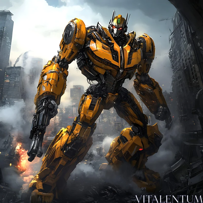 AI ART Yellow Robot in Post-Apocalyptic Cityscape