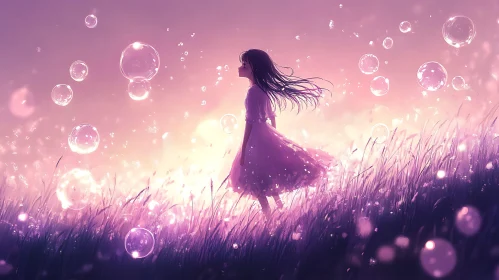 Anime Girl with Bubbles in Field