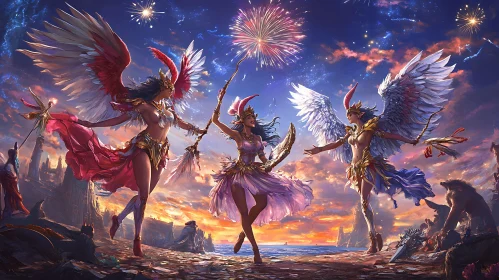 Winged Figures Celebrate with Fireworks