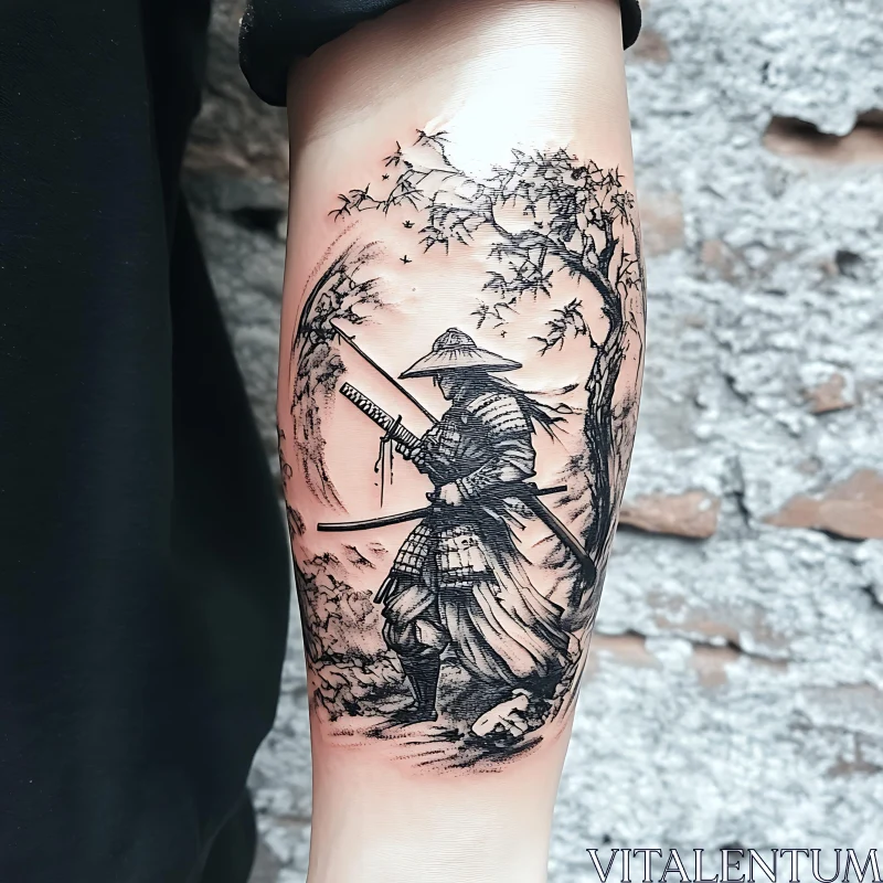 Traditional Samurai Tattoo with Nature Elements AI Image