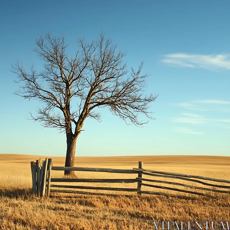 Bare Tree in Golden Field Landscape AI Image