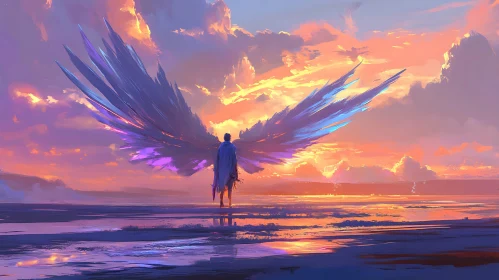 Figure with Wings on Beach at Sunset