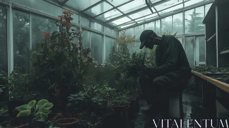 Contemplative Gardener in Misty Greenhouse AI Image