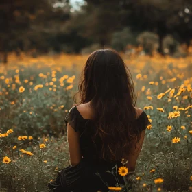 Contemplative Figure Amidst Floral Meadow