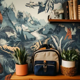 Backpack and Plants with Wallpaper