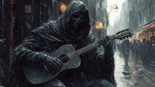 Dark Guitarist on a Rainy Street