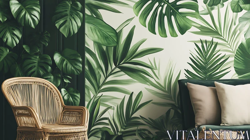 AI ART Green Interior with Tropical Plants and Wicker Chair