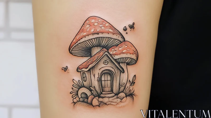 Fantasy Mushroom House with Insects Tattoo AI Image