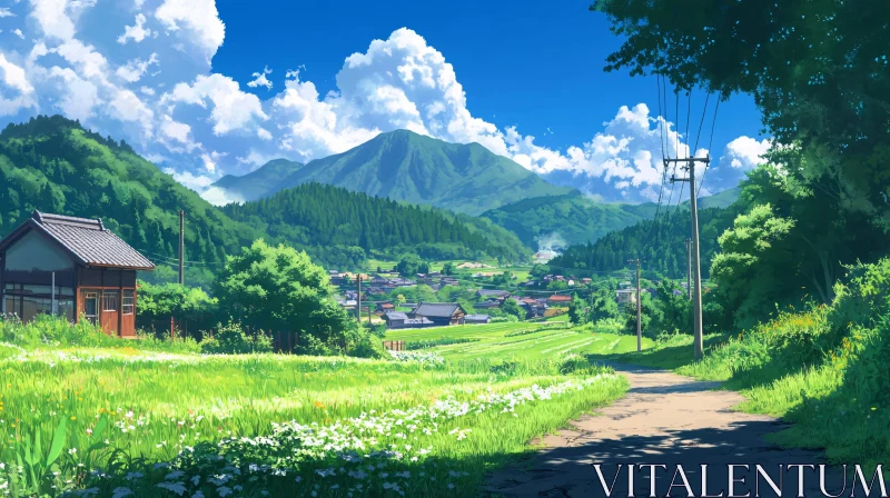 Green Field and Mountain View AI Image