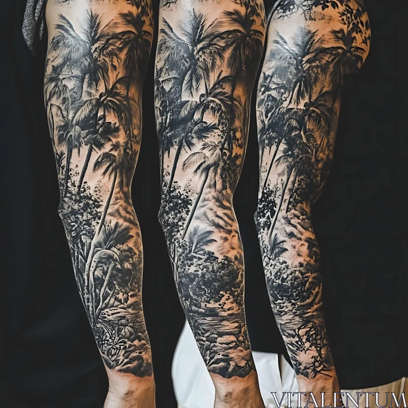 Detailed Palm Trees Full-Sleeve Tattoo Design AI Image