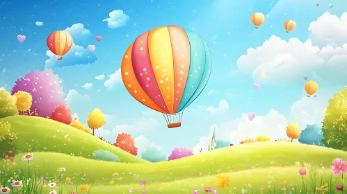 Whimsical Balloon Ride Over Green Hills