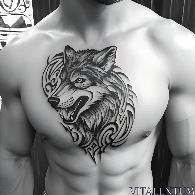 Wolf Tribal Chest Tattoo AI Image