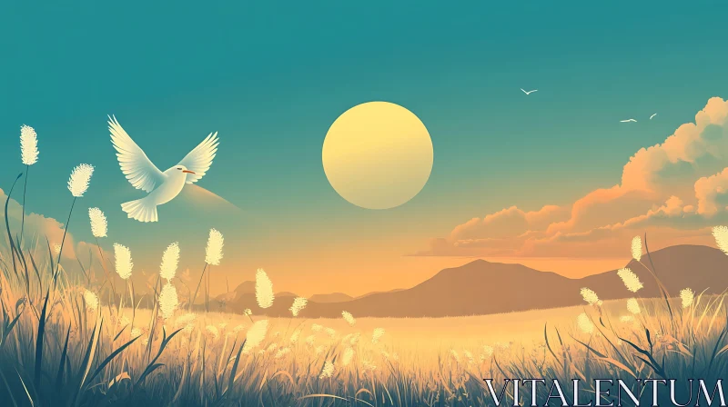 Peaceful Sunset Landscape with Flying Bird AI Image