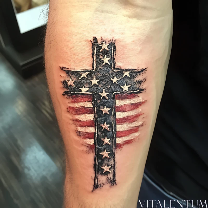 USA Flag Cross Tattoo Arm Design AI Image